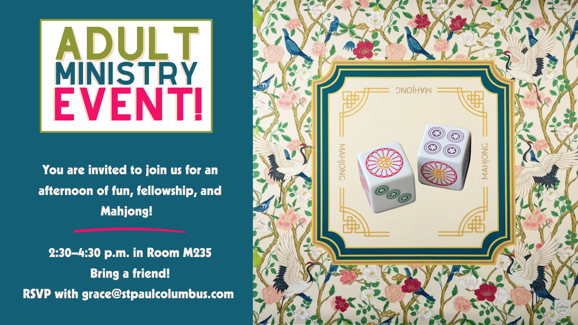 Adult Ministry Mahjong gathering, 2:30–4:30 p.m. in Room M235, with a Mahjong set and floral bird pattern.