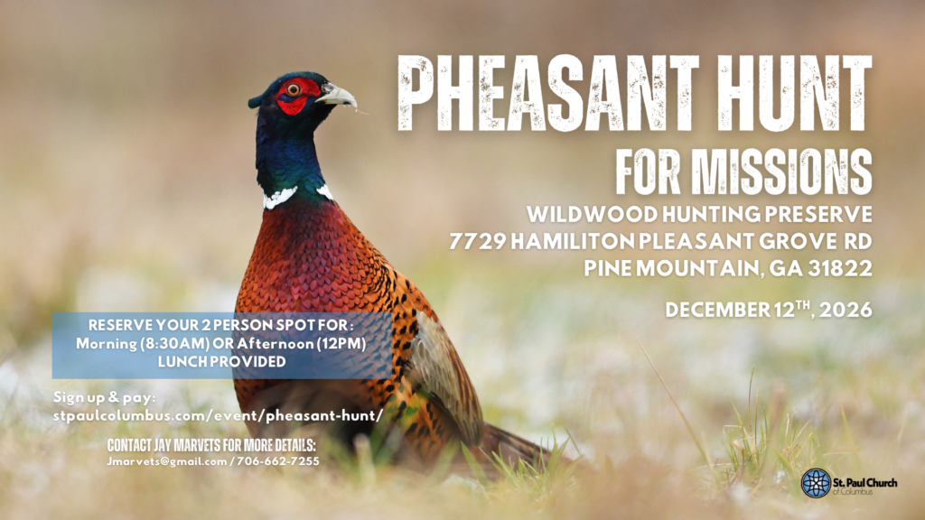 Pheasant Hunt for Missions, December 12, 2026. Event details and Jay Marvets's contact information appear below.