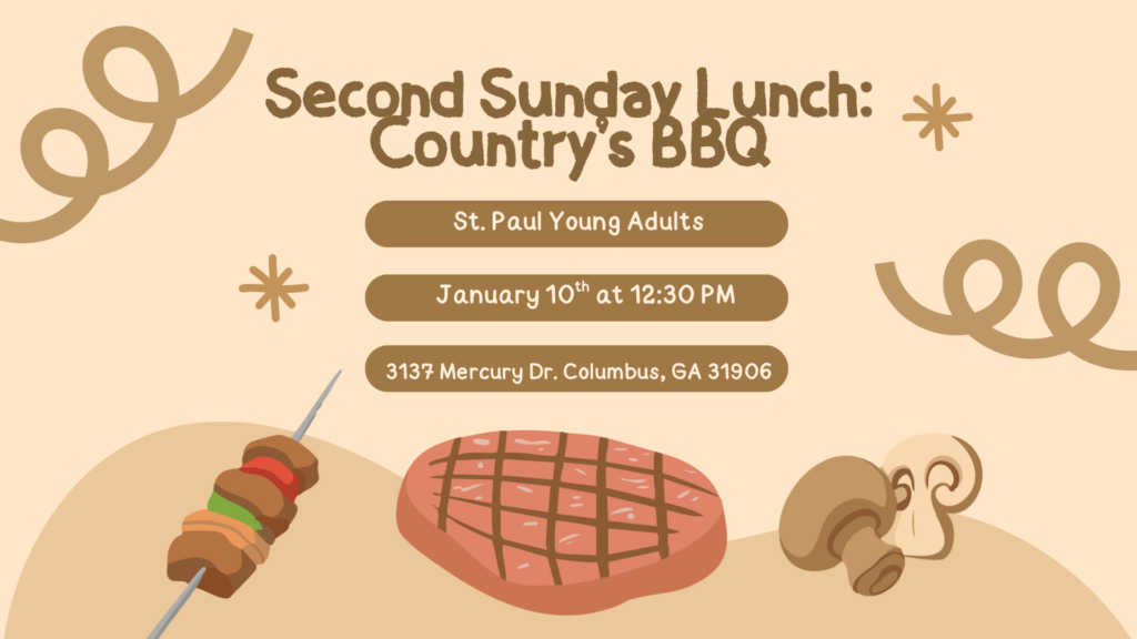 St Paul Young Adults Second Sunday Lunch at Country’s BBQ, January 10 at 12:30 p.m.