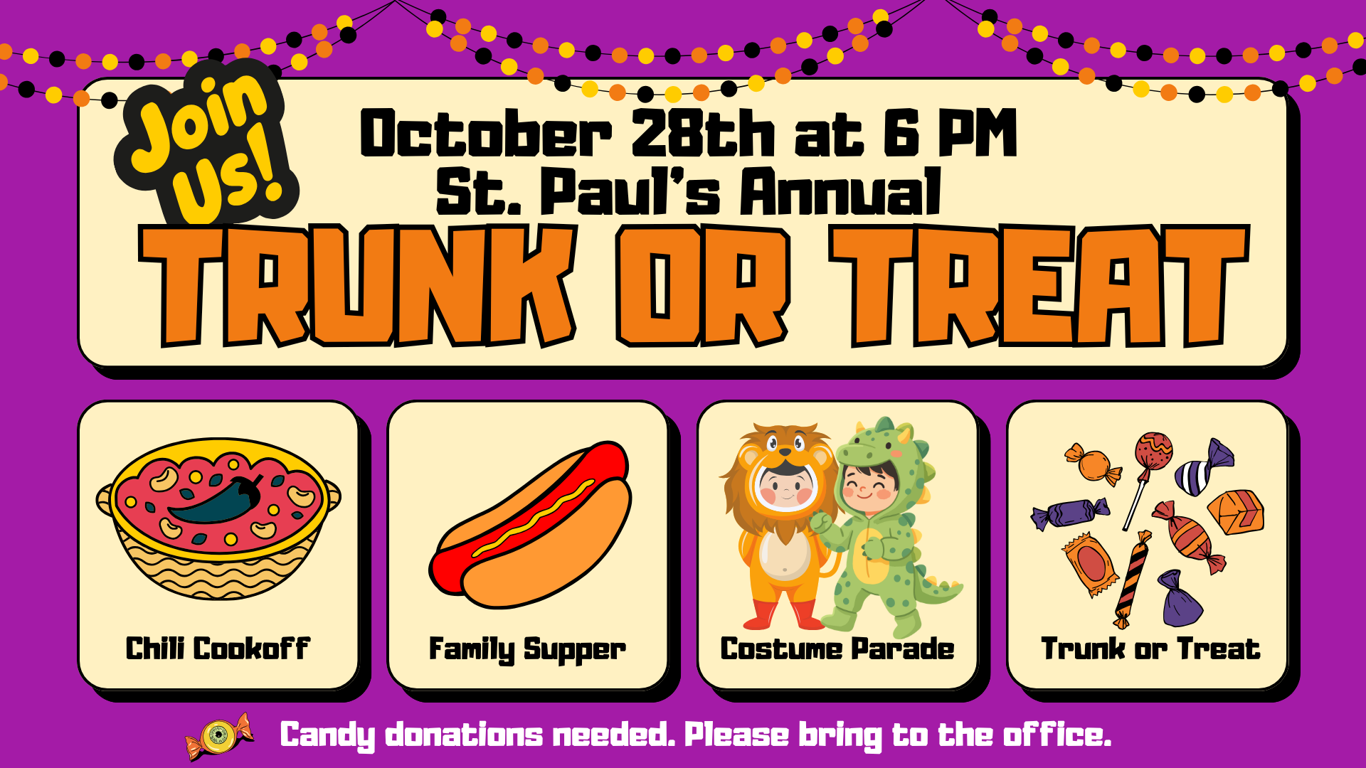 St. Paul’s annual Trunk or Treat, October 28 at 6 p.m., featuring a chili cookoff, family supper, costume parade, and treats. Two children wear lion and dinosaur costumes. Candy donations may be brought to the office.